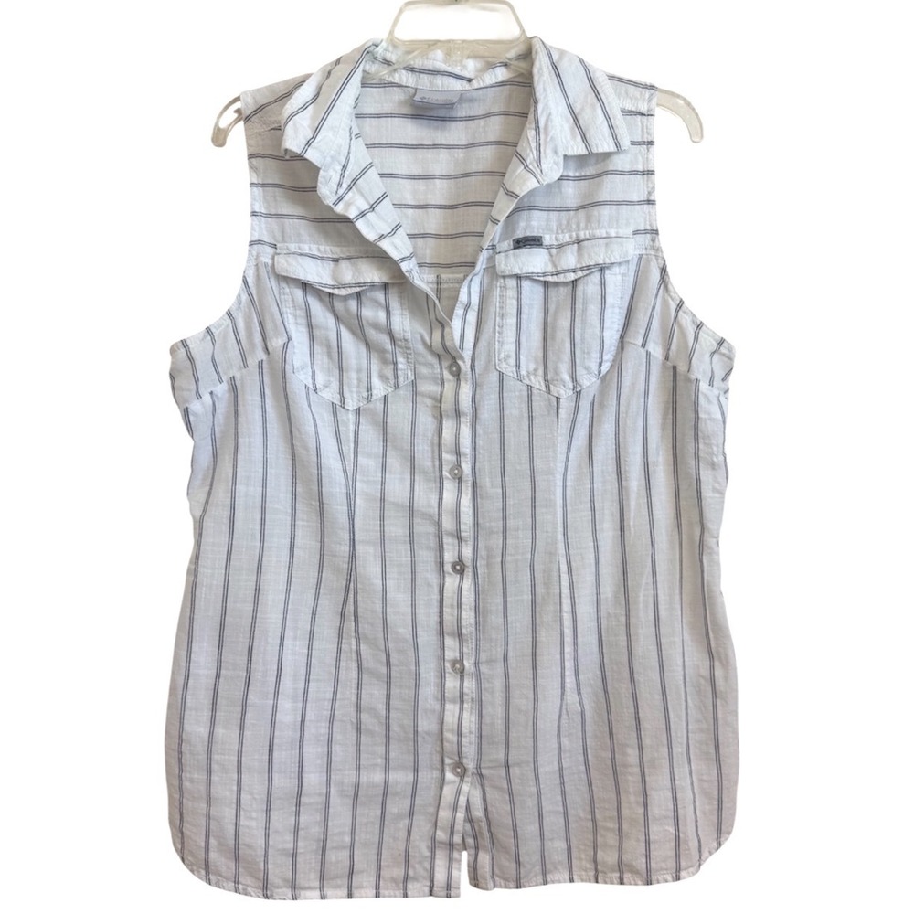 Columbia Womens XL Sleeveless Button Down Shirt White Blue Striped Cotton XL9803